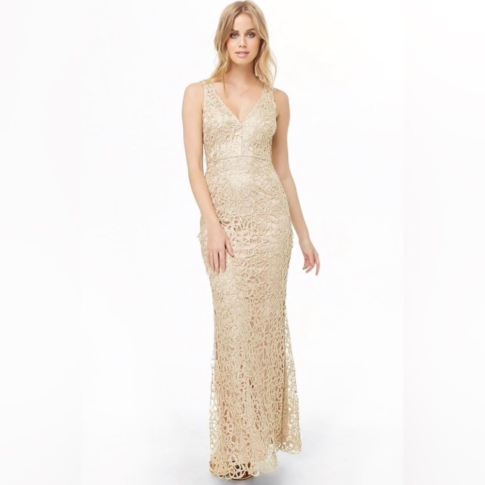 Marina gold beaded formal dress with cut out back